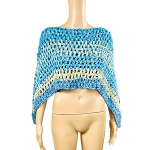 Crochet poncho for women’s or child’s wear blue, yellow & a hint of lilac